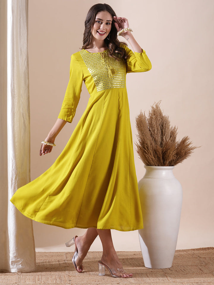 Solid Mirror & Resham Embroidered Anarkali Kurta - Yellow