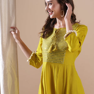 Solid Mirror & Resham Embroidered Anarkali Kurta - Yellow