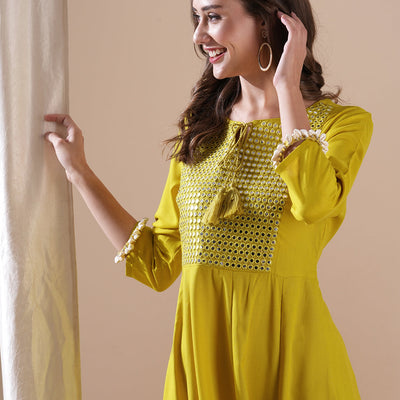 Solid Mirror & Resham Embroidered Anarkali Kurta - Yellow