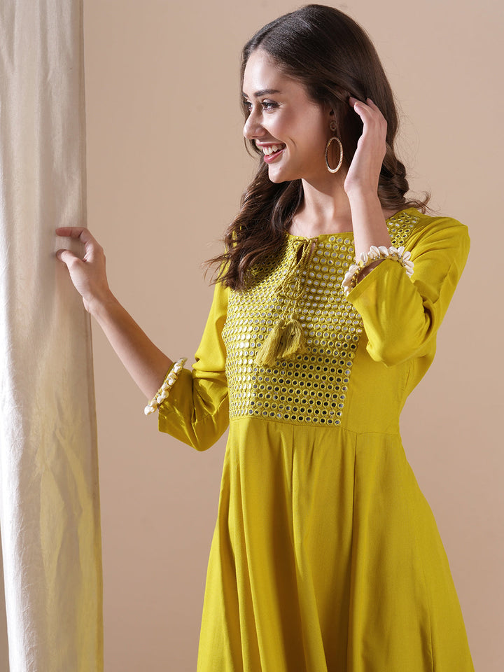 Solid Mirror & Resham Embroidered Anarkali Kurta - Yellow