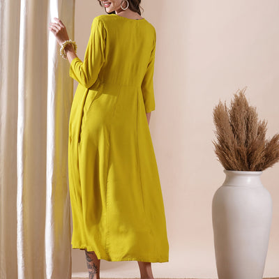 Solid Mirror & Resham Embroidered Anarkali Kurta - Yellow