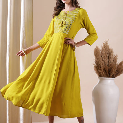 Solid Mirror & Resham Embroidered Anarkali Kurta - Yellow