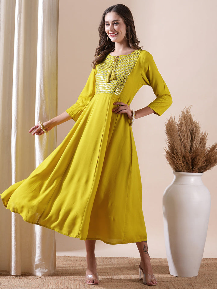 Solid Mirror & Resham Embroidered Anarkali Kurta - Yellow