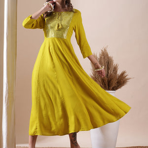Solid Mirror & Resham Embroidered Anarkali Kurta - Yellow