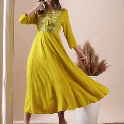 Solid Mirror & Resham Embroidered Anarkali Kurta - Yellow