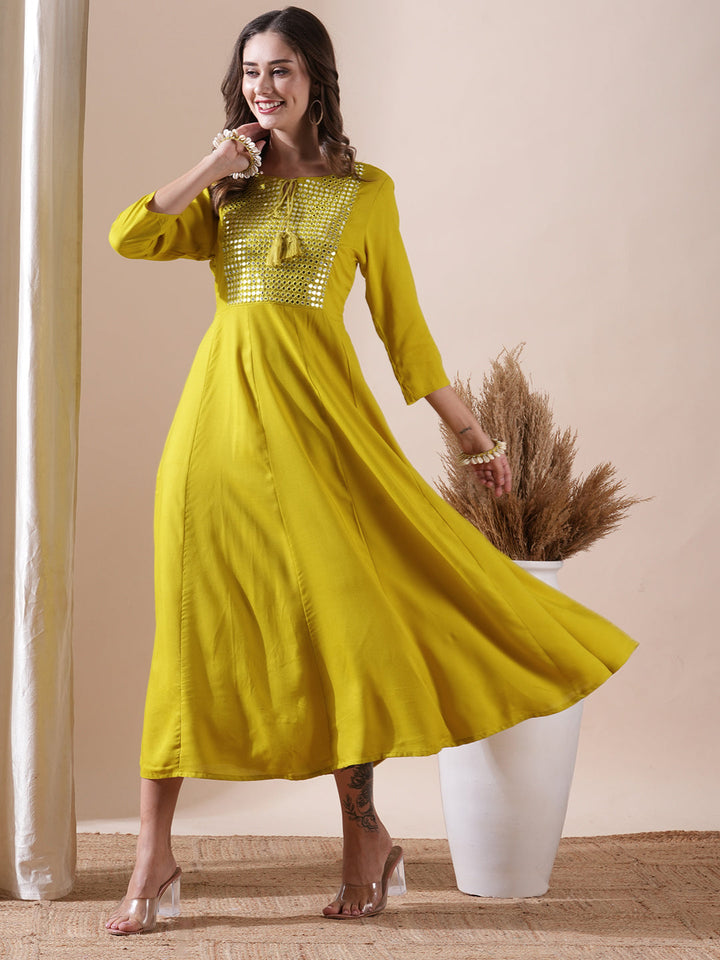 Solid Mirror & Resham Embroidered Anarkali Kurta - Yellow