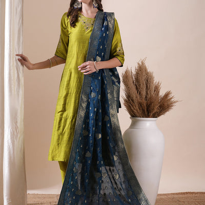 Solid Floral Zari Embroidered Straight Fit Kurta with Pant and Dupatta - Lime Green