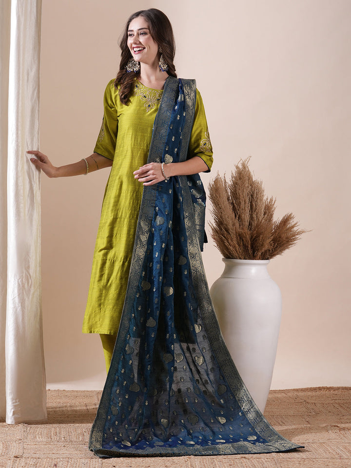 Solid Floral Zari Embroidered Straight Fit Kurta with Pant and Dupatta - Lime Green