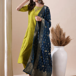 Solid Floral Zari Embroidered Straight Fit Kurta with Pant and Dupatta - Lime Green