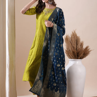 Solid Floral Zari Embroidered Straight Fit Kurta with Pant and Dupatta - Lime Green