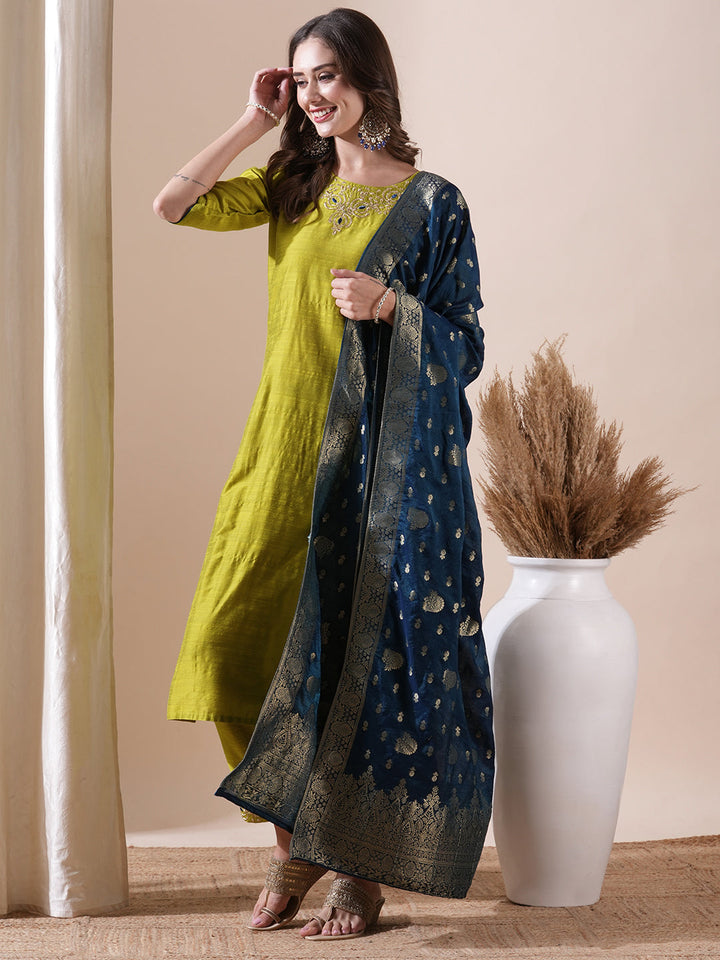 Solid Floral Zari Embroidered Straight Fit Kurta with Pant and Dupatta - Lime Green