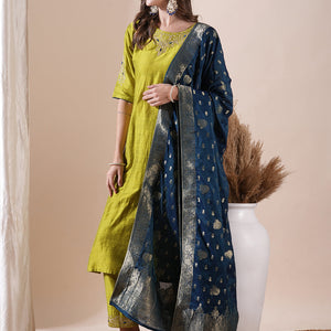 Solid Floral Zari Embroidered Straight Fit Kurta with Pant and Dupatta - Lime Green