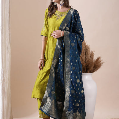 Solid Floral Zari Embroidered Straight Fit Kurta with Pant and Dupatta - Lime Green