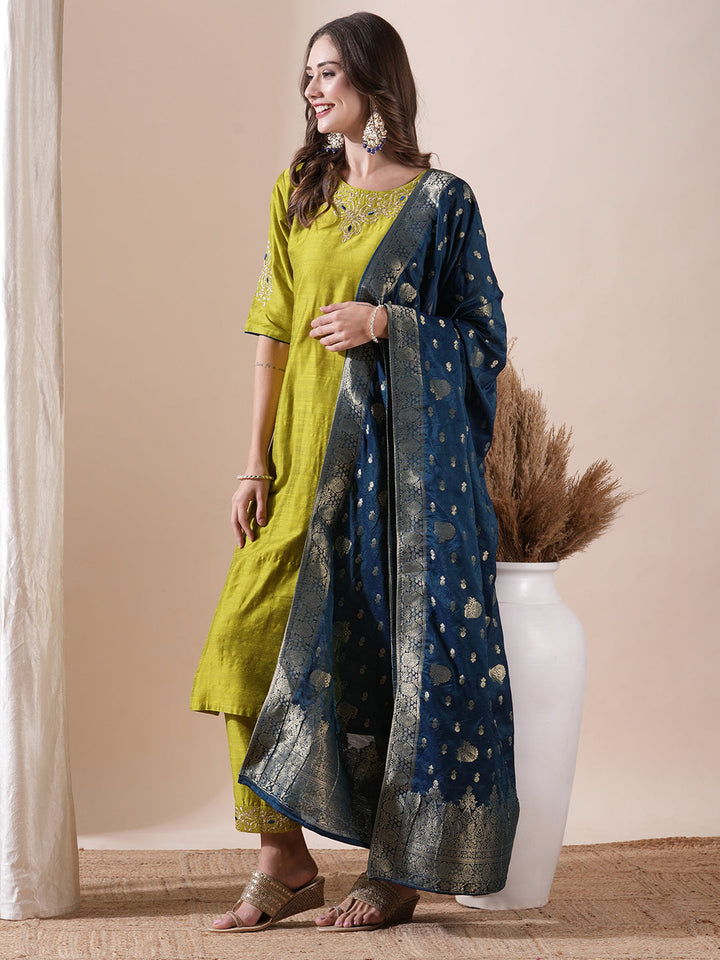 Solid Floral Zari Embroidered Straight Fit Kurta with Pant and Dupatta - Lime Green