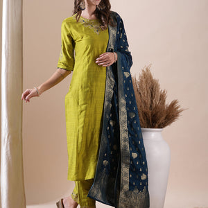 Solid Floral Zari Embroidered Straight Fit Kurta with Pant and Dupatta - Lime Green