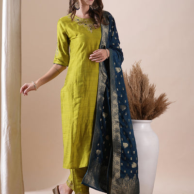 Solid Floral Zari Embroidered Straight Fit Kurta with Pant and Dupatta - Lime Green