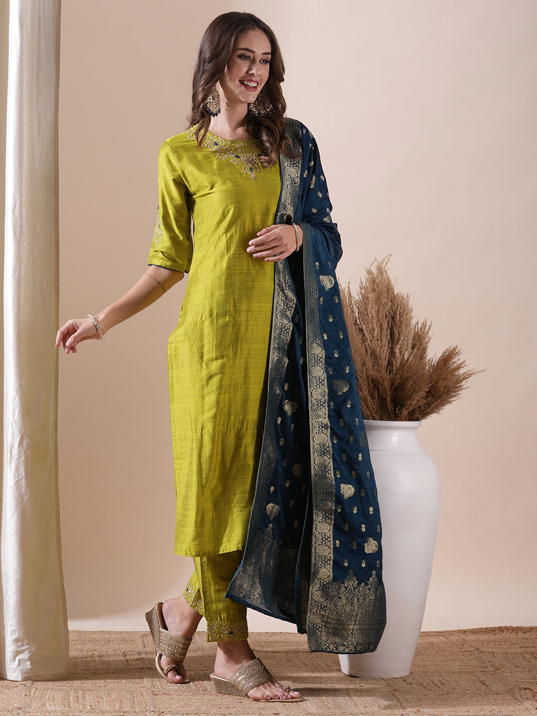 Solid Floral Zari Embroidered Straight Fit Kurta with Pant and Dupatta - Lime Green