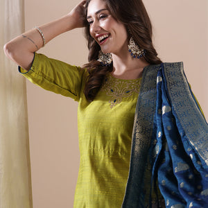 Solid Floral Zari Embroidered Straight Fit Kurta with Pant and Dupatta - Lime Green