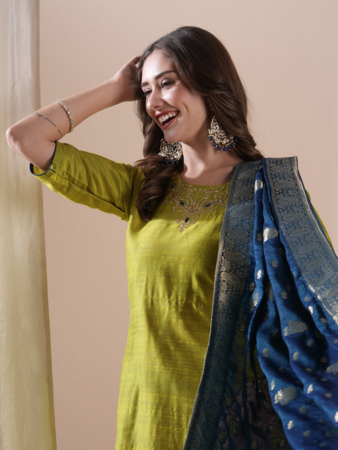 Solid Floral Zari Embroidered Straight Fit Kurta with Pant and Dupatta - Lime Green