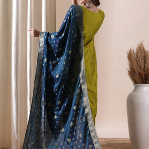 Solid Floral Zari Embroidered Straight Fit Kurta with Pant and Dupatta - Lime Green