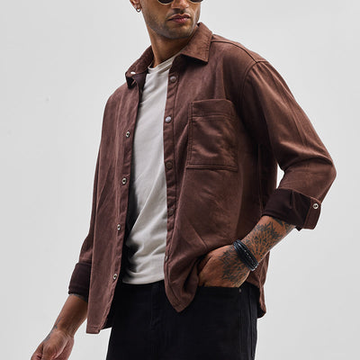 Brown Suede Snap Button Overshirt