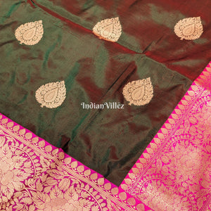 Bottle Green Maroon Dual Tone Designer Banarasi Katan Silk Saree