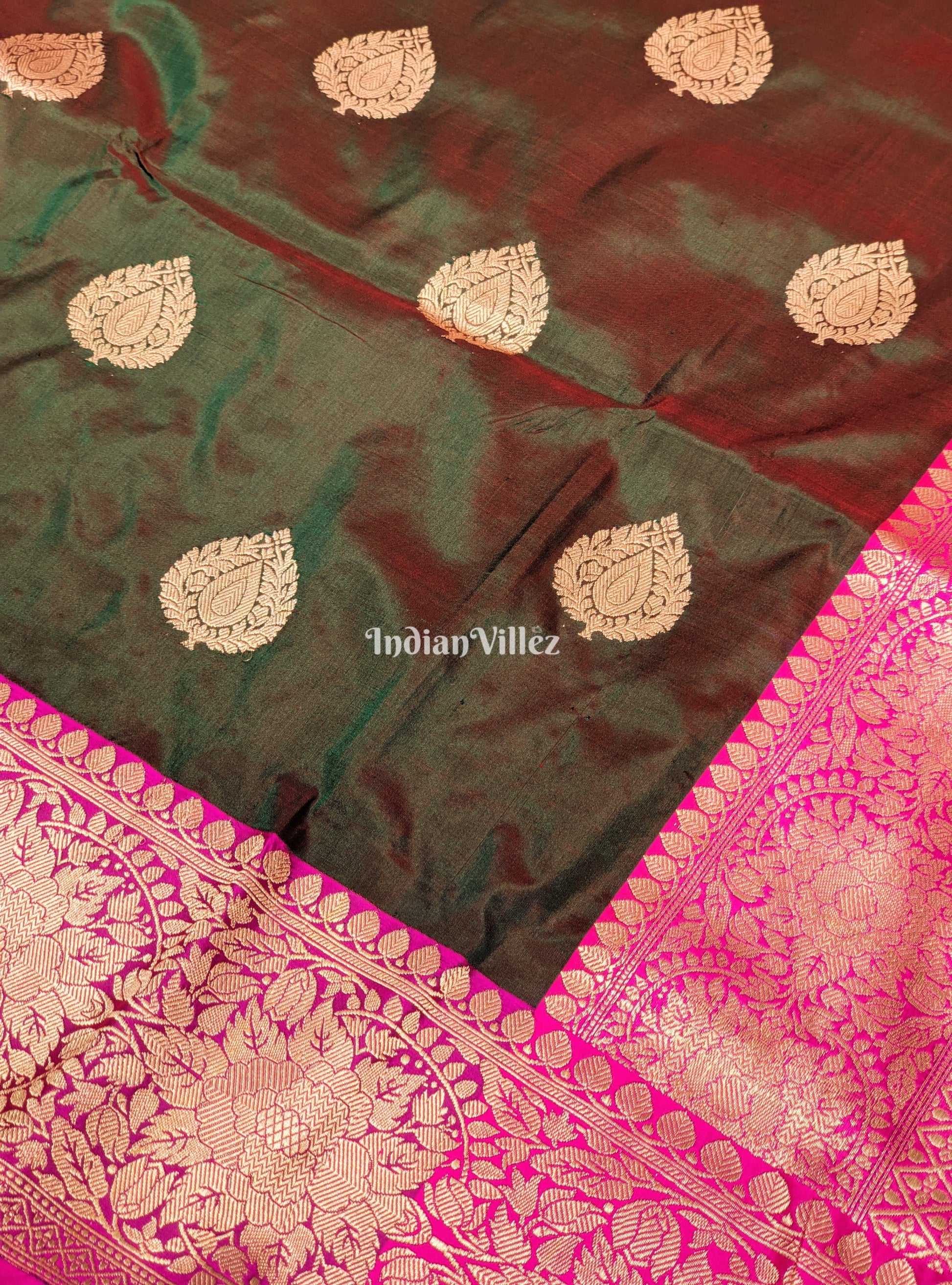 Bottle Green Maroon Dual Tone Designer Banarasi Katan Silk Saree