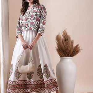 Floral Block Printed Maxi Dress with Floral Jacket - White