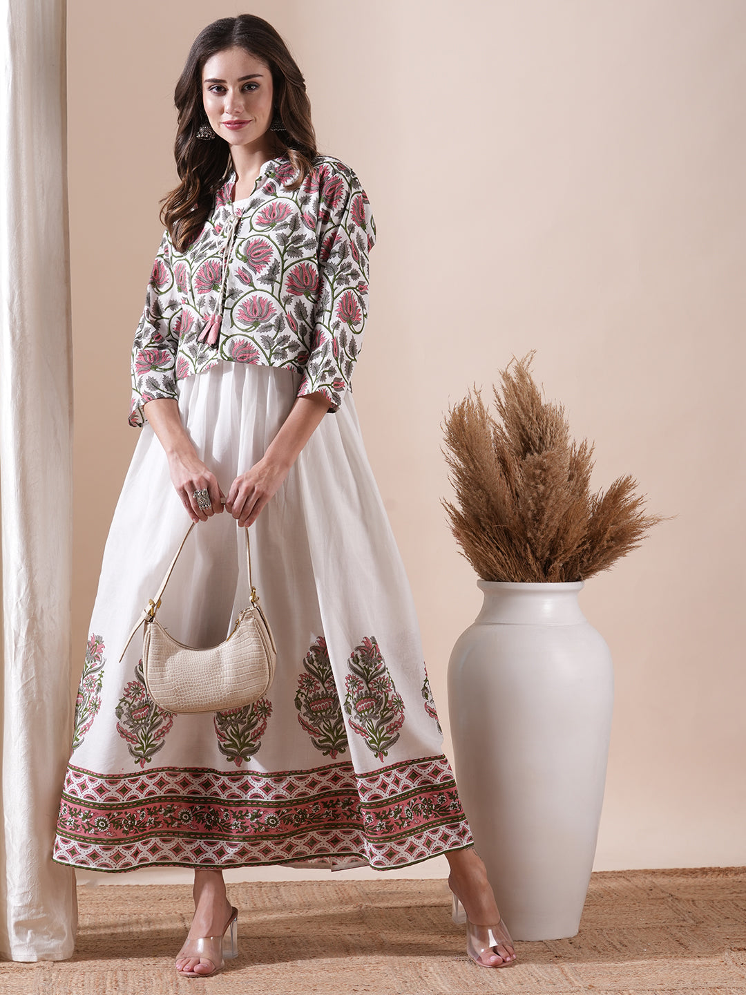 Floral Block Printed Maxi Dress with Floral Jacket - White