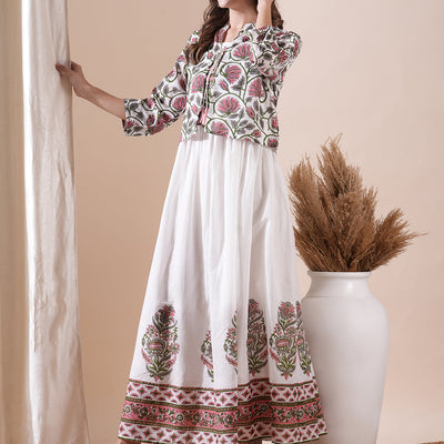 Floral Block Printed Maxi Dress with Floral Jacket - White