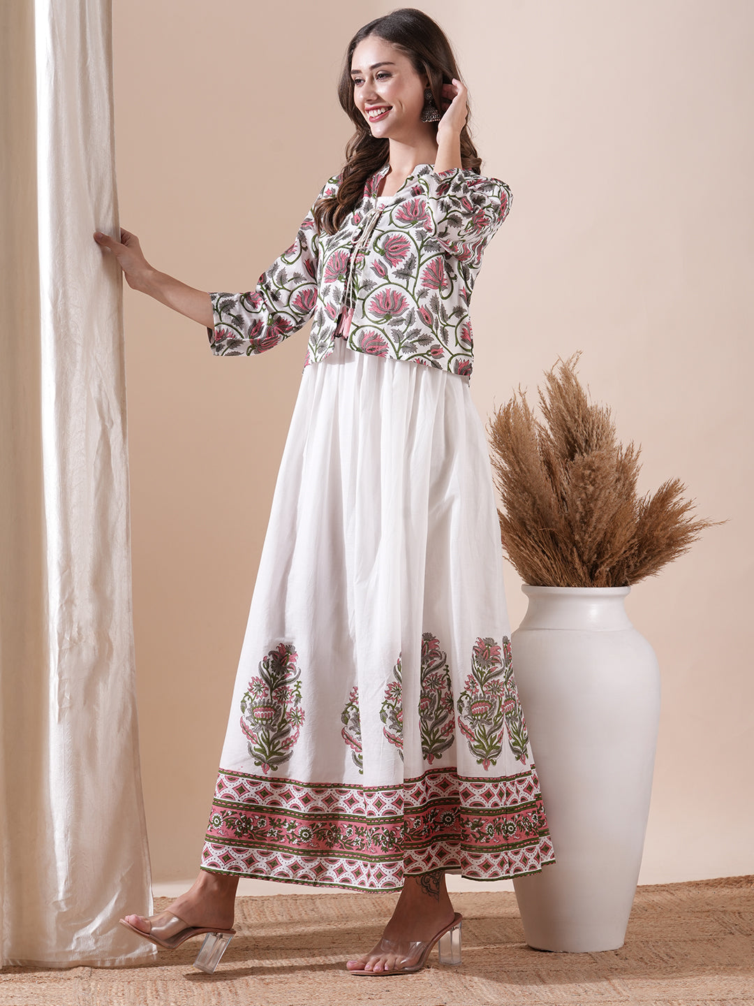 Floral Block Printed Maxi Dress with Floral Jacket - White