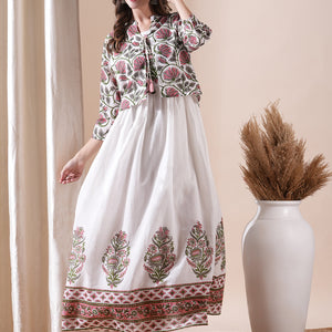 Floral Block Printed Maxi Dress with Floral Jacket - White
