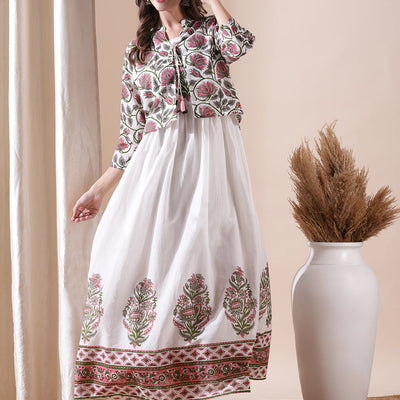 Floral Block Printed Maxi Dress with Floral Jacket - White