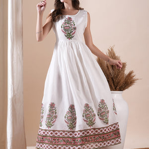 Floral Block Printed Maxi Dress with Floral Jacket - White