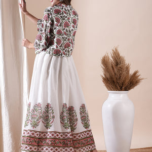 Floral Block Printed Maxi Dress with Floral Jacket - White