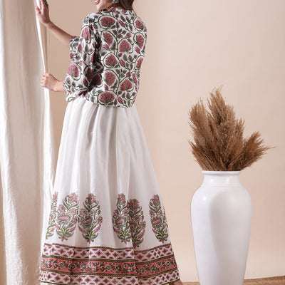 Floral Block Printed Maxi Dress with Floral Jacket - White