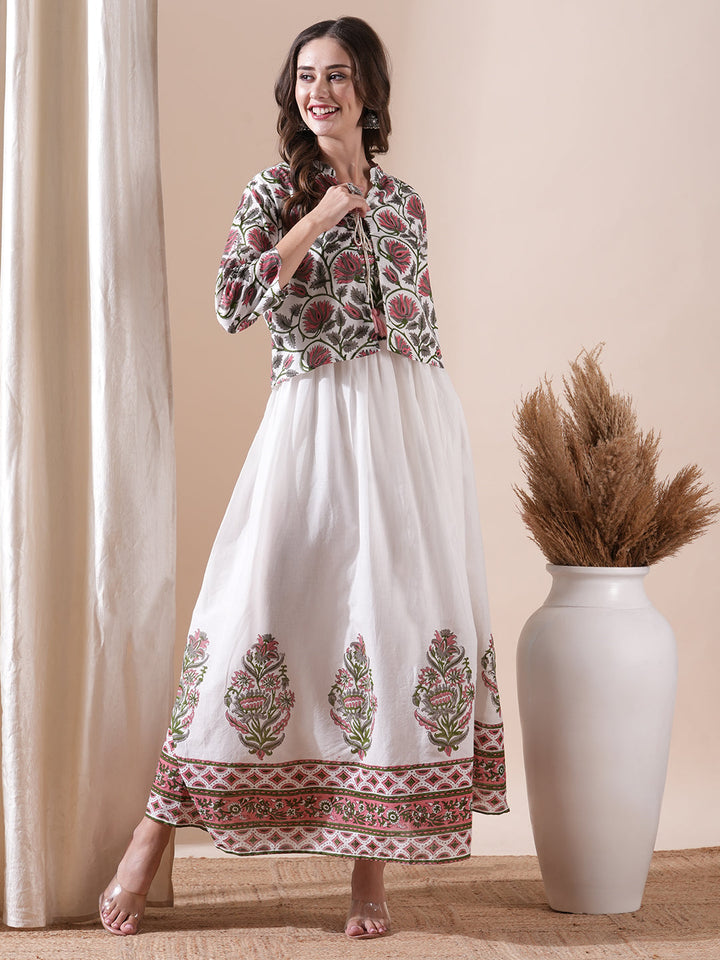 Floral Block Printed Maxi Dress with Floral Jacket - White