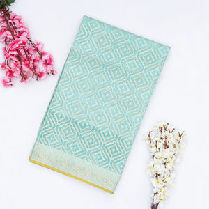 Turquoise Handwoven Banarasi Silk Cotton Saree With Floral Motifs