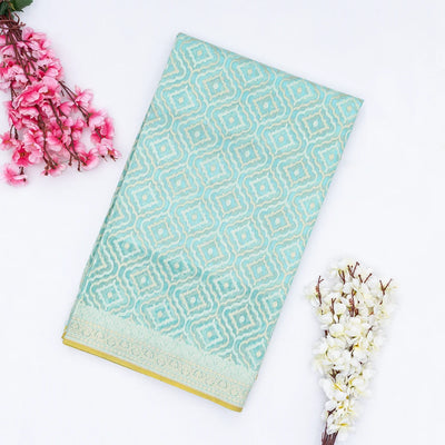 Turquoise Handwoven Banarasi Silk Cotton Saree With Floral Motifs
