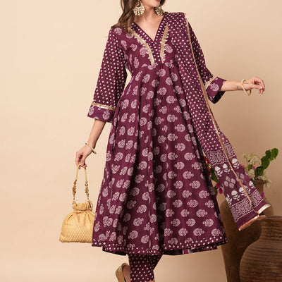 Ethnic Floral Block Printed & Embroidered A-Line Kurta with Pant & Dupatta - Burgundy