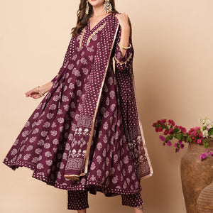 Ethnic Floral Block Printed & Embroidered A-Line Kurta with Pant & Dupatta - Burgundy