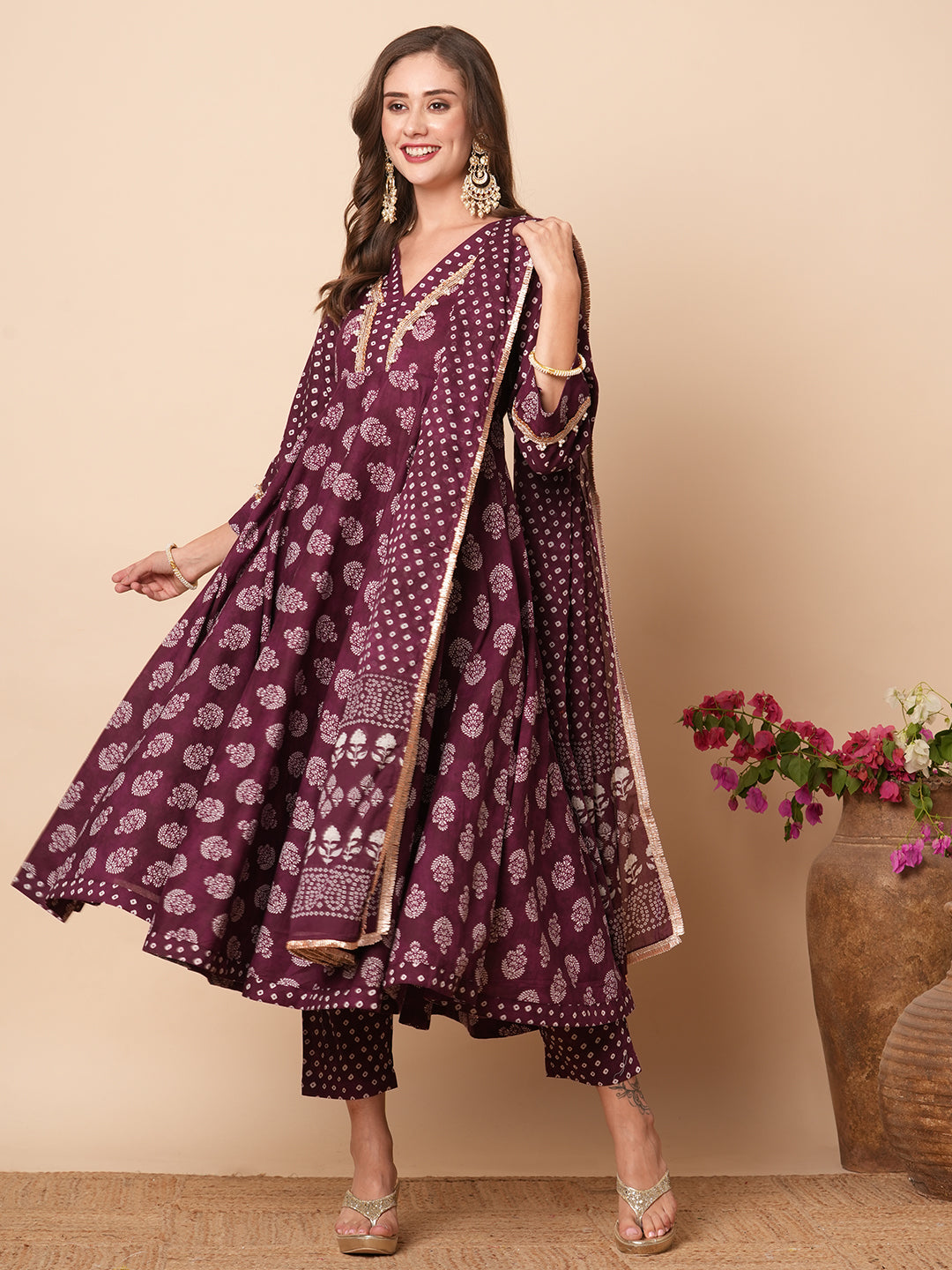 Ethnic Floral Block Printed & Embroidered A-Line Kurta with Pant & Dupatta - Burgundy
