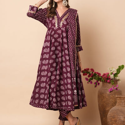 Ethnic Floral Block Printed & Embroidered A-Line Kurta with Pant & Dupatta - Burgundy