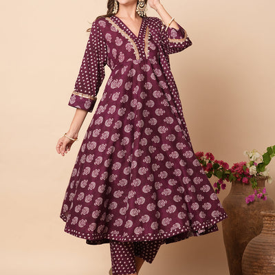Ethnic Floral Block Printed & Embroidered A-Line Kurta with Pant & Dupatta - Burgundy