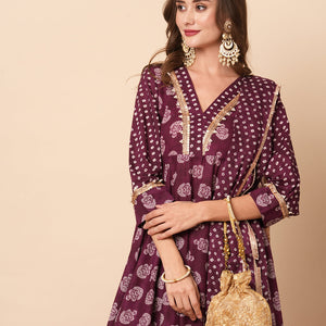 Ethnic Floral Block Printed & Embroidered A-Line Kurta with Pant & Dupatta - Burgundy