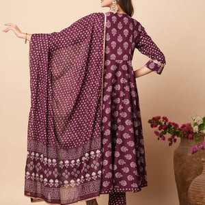 Ethnic Floral Block Printed & Embroidered A-Line Kurta with Pant & Dupatta - Burgundy