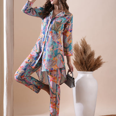 Abstract Printed Stones & Sequins Embellished Kurti with Pants Co-ord Set - Multi