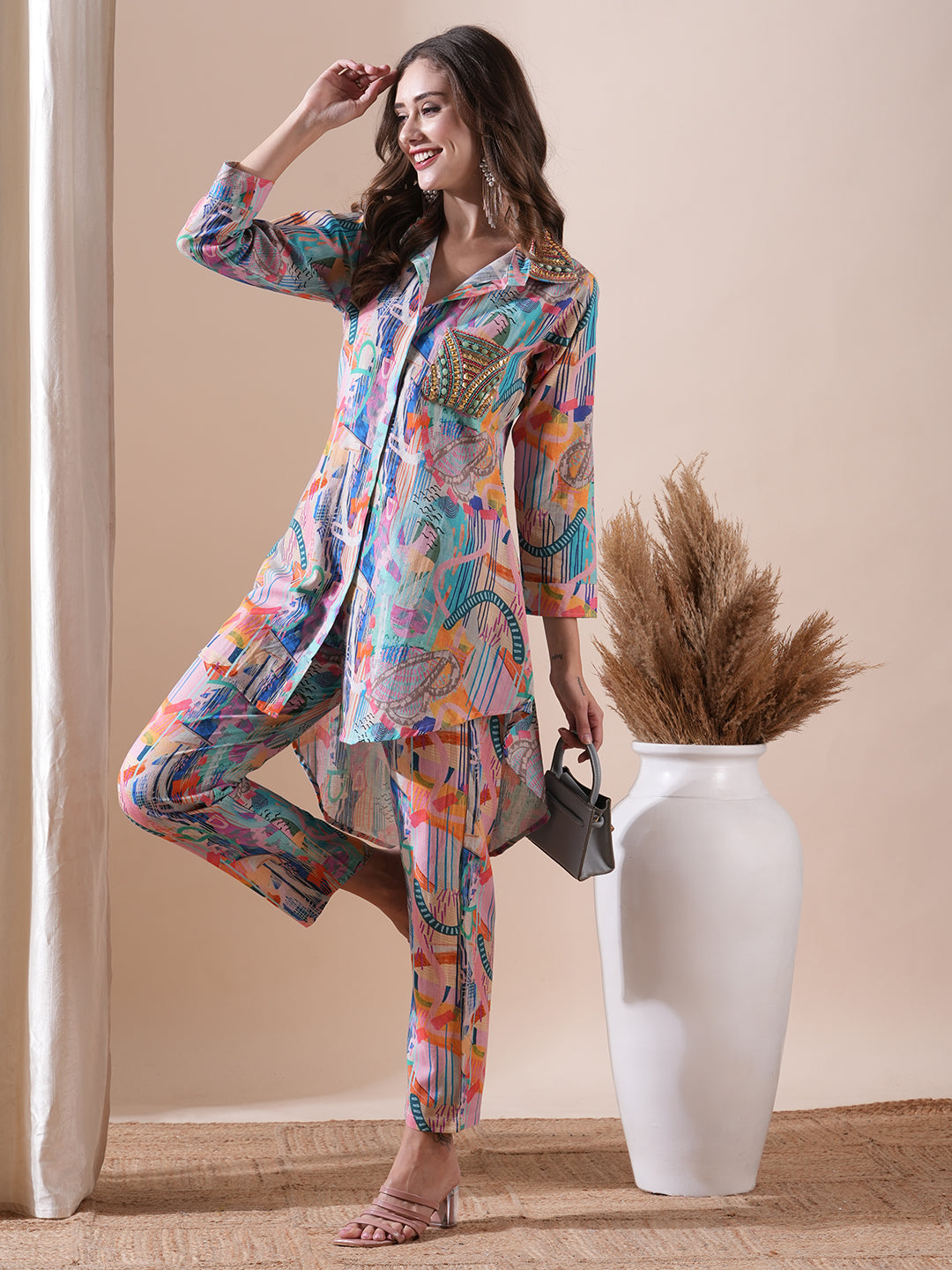 Abstract Printed Stones & Sequins Embellished Kurti with Pants Co-ord Set - Multi