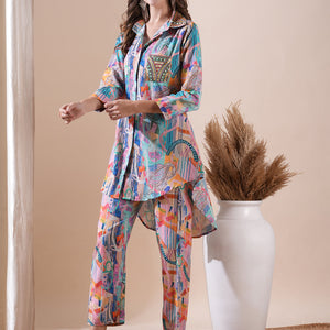 Abstract Printed Stones & Sequins Embellished Kurti with Pants Co-ord Set - Multi
