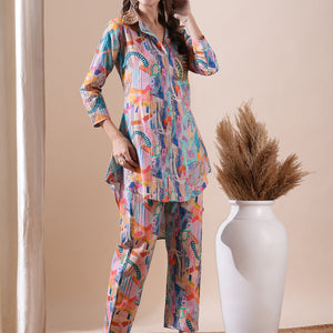 Abstract Printed Stones & Sequins Embellished Kurti with Pants Co-ord Set - Multi